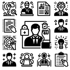 Collection of business and professional icons representing various concepts and activities in black and white