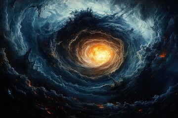 swirling storm vortex of dark blue clouds spiraling into a glowing fiery center, dramatic ominous sky evoking awe and turbulent energy
