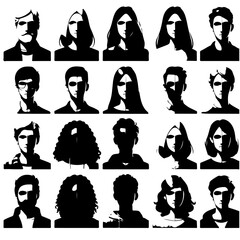 Collection of eighteen stylized black and white portraits of diverse individuals with varying hairstyles