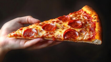 Hand holding a large pepperoni pizza slice with gooey melted cheese and golden crispy crust, warm and tempting comfort food