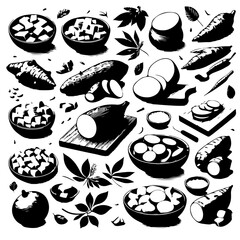 Illustration of various cassava roots and leaves in different forms and preparations on a white background