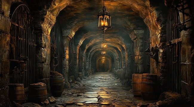 dim medieval stone dungeon corridor with arched ceilings, rusted iron cell doors, wooden barrels and hanging lanterns casting flickering light on a wet cobblestone floor, eerie and foreboding