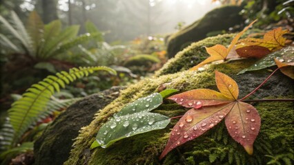 Close up of glistening leaves with water drops in forest