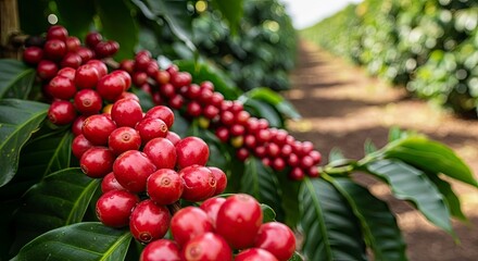 Ripe Coffee Cherries on the Branch - A Close-Up View.