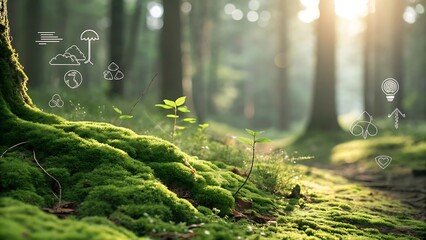 Sunlit forest path with digital icons representing nature and technology