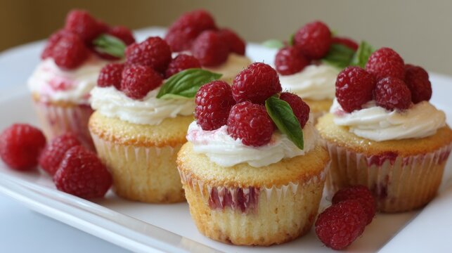 Freshly baked raspberry cupcakes showcase fluffy texture and creamy frosting, garnished with ripe raspberries and basil leaves. Perfect for any celebration or dessert table.
