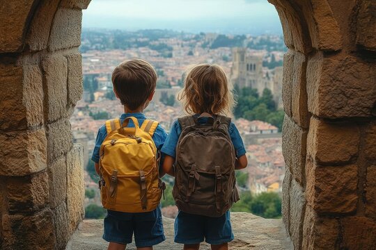 Two children with backpacks standing in a stone archway, looking over a historic cityscape of rooftops and a distant cathedral, evoking wonder and adventurous curiosity