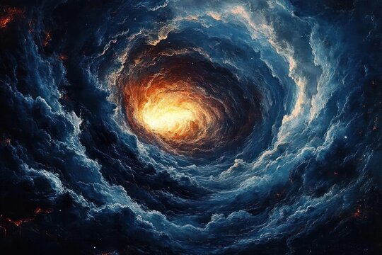 Swirling layers of dark blue clouds forming a fiery glowing vortex at the center, dramatic and awe-inspiring