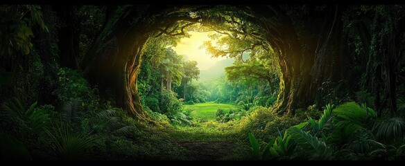 sunlit forest archway opening to a verdant meadow framed by ancient trees, dense tropical foliage, ferns and moss, a tranquil and magical clearing bathed in golden light