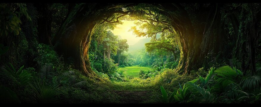 sunlit forest archway opening to a verdant meadow framed by ancient trees, dense tropical foliage, ferns and moss, a tranquil and magical clearing bathed in golden light