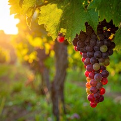 Ripe Grapes on the Vine in a Vineyard at Sunset.