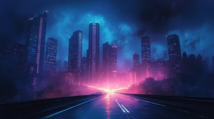 empty wet highway leading toward a neon-lit futuristic city skyline under stormy teal and magenta sky with a glowing horizon and atmospheric fog, mysterious and awe-inspiring