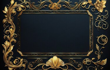ornate gold baroque floral frame with curling scrollwork and shell motif on dark textured background, luxurious elegant blank central panel