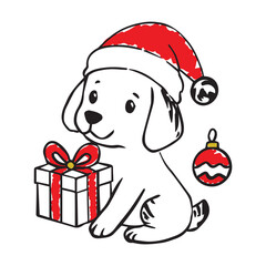 Hand drawn winter Christmas dog animal characters with Christmas tree, gift box. Dog in winter hat and scarf. Vector sketch illustration in vintage rough pen textured style