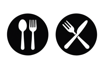 Black and white restaurant icons showing a spoon and fork, and crossed fork and knife, representing dining availability and meal completion signs isolated on transparent background