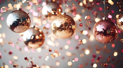 Gold and rose gold disco balls hanging among sparkling bokeh lights and fluttering confetti, creating a glamorous joyful festive celebration atmosphere