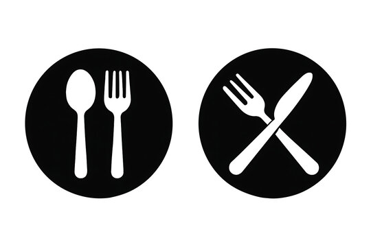 Black and white restaurant icons showing a spoon and fork, and crossed fork and knife, representing dining availability and meal completion signs isolated on transparent background