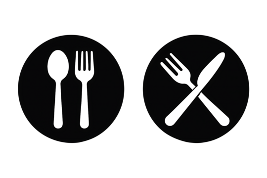 Black and white restaurant icons showing a spoon and fork, and crossed fork and knife, representing dining availability and meal completion signs isolated on transparent background