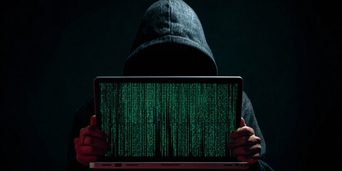 Mysterious hooded hacker with matrix code screen cybercrime dark web concept AI generated