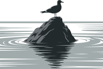 Seagull Silhouette on Rock in Water Monochrome Vector Illustration