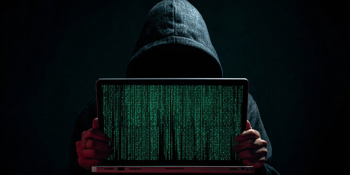 Mysterious hooded hacker with matrix code screen cybercrime dark web concept AI generated
