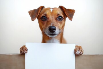 Fototapeta premium small brown dog peeking over wooden ledge holding a blank white sign with curious hopeful expression