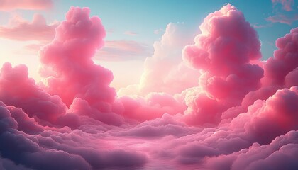 Towering pastel pink cloudscape at sunrise, fluffy cotton-candy clouds and tranquil glowing sky