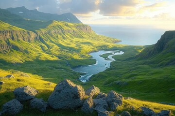 Sunlit green coastal valley with a meandering river leading to the sea, rocky foreground and distant cliffs in a serene golden-hour scene