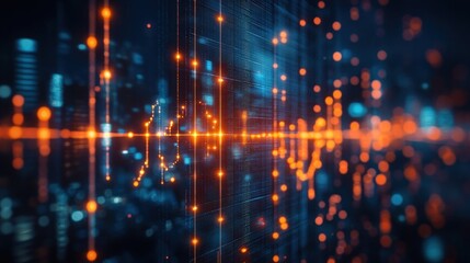 Glowing orange data points and blue digital grid forming a dynamic futuristic network with rhythmic waveform and energetic motion