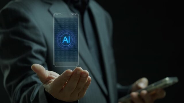 Businessman shows animated smartphone displays a glowing AI logo on a digital binary code background. Represents artificial intelligence, mobile technology, and data processing. - Powered by Adobe