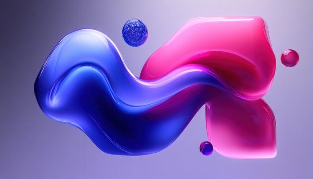 glossy blue and pink liquid 3d shapes and small floating spheres on a soft gradient background conveying playful dynamic energy - Powered by Adobe