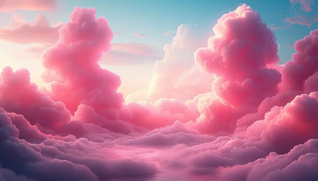 Towering pastel pink cloudscape at sunrise, fluffy cotton-candy clouds and tranquil glowing sky
