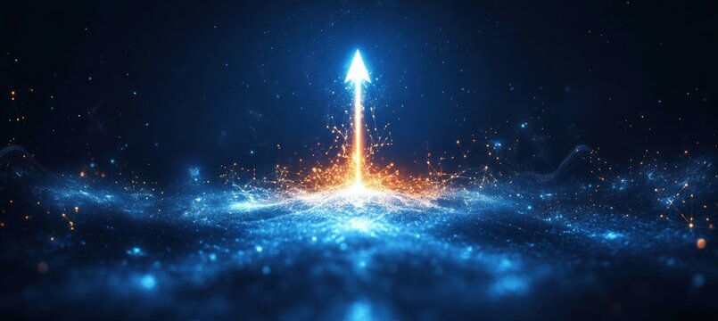 glowing upward arrow of light rising from a field of shimmering blue particles and orange sparks with connected network nodes in a starry digital background, evoking hopeful dynamic energy - Powered by Adobe