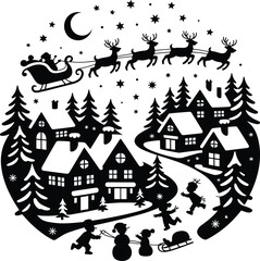 Fototapeta premium Black silhouette of Santa sleigh flying over snowy village with children playing