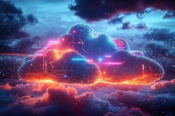 Glowing neon cloud made of circuitry hovering above colorful storm clouds, futuristic and awe inspiring