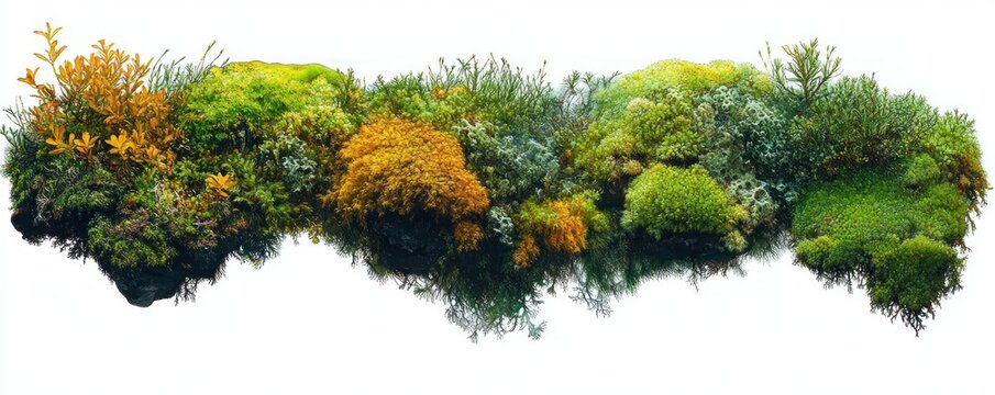 floating strip of vibrant moss, lichen, tiny shrubs and grass tufts in green, yellow and orange hues on a white background, evoking calm and natural wonder