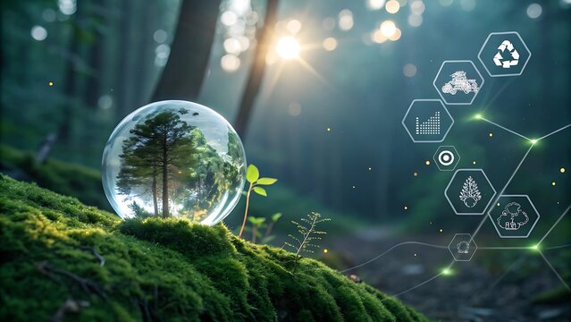 Protecting nature inside a crystal sphere with digital eco icons