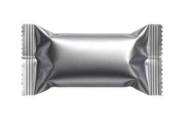 A realistic silver aluminium foil candy sweet chocolate bar wrapper mockup isolated on transparent background