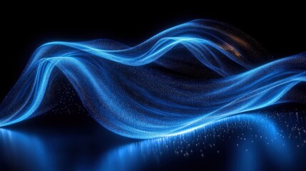 glowing blue particle waves flowing like silky ribbons over a dark reflective surface, ethereal and futuristic, conveying calm motion and luminous energy