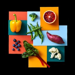 Vibrant assortment of fresh healthy fruits and vegetables arranged artistically on colorful backgrounds
