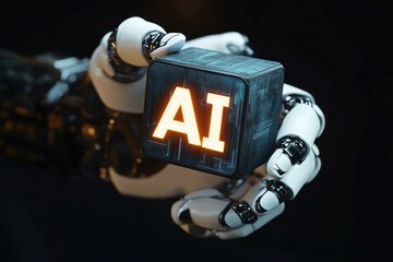 polished chrome and white robotic hands gently cradling a glowing cube labeled AI against a dark background, conveying wonder and futuristic curiosity