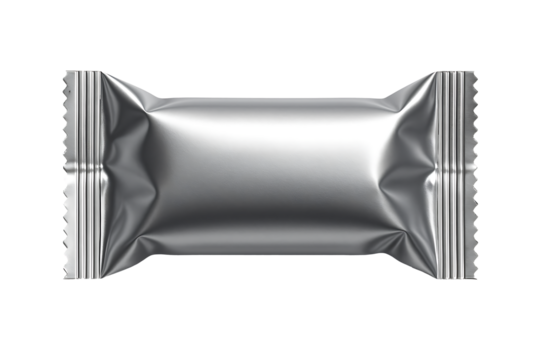 A realistic silver aluminium foil candy sweet chocolate bar wrapper mockup isolated on transparent background