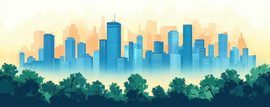 sunlit blue city skyline rising through morning mist behind lush green treetops, calm serene contrast of urban towers and peaceful nature