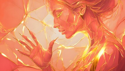 Ethereal portrait of a woman with flowing fiery hair and glowing light strands