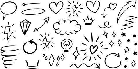 Collection of hand drawn doodle elements including hearts arrows stars lightbulbs and clouds
