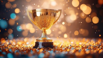 gleaming golden trophy cup on a black base surrounded by sparkling confetti and warm bokeh lights conveying celebration and triumph