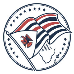 Fototapeta premium Illustration of a patriotic emblem with an eagle and a flag, surrounded by stars in a circle isolated on a symbol of freedom and strength