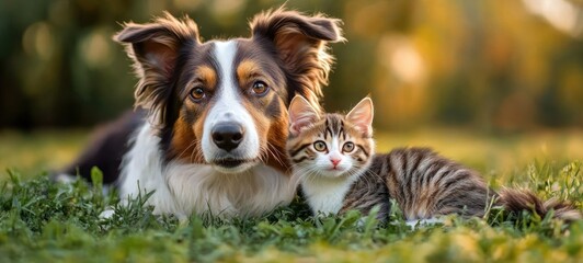 tabby kitten lying in green grass beside a calm dog with warm golden light, curious and content expression conveying peaceful companionship
