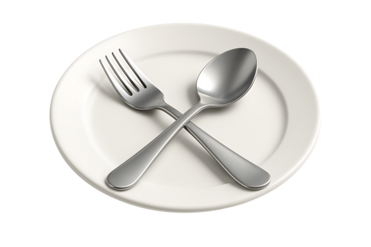 Polished silver fork and spoon crossed diagonally on a plain white round dinner plate, a minimalist and clean composition of simple eating utensils isolated on transparent background