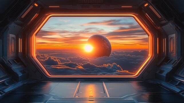 view from a futuristic metallic spacecraft observation window over a glowing orange sunrise above clouds with a silhouetted planet and radiant sunburst, evoking awe and wonder